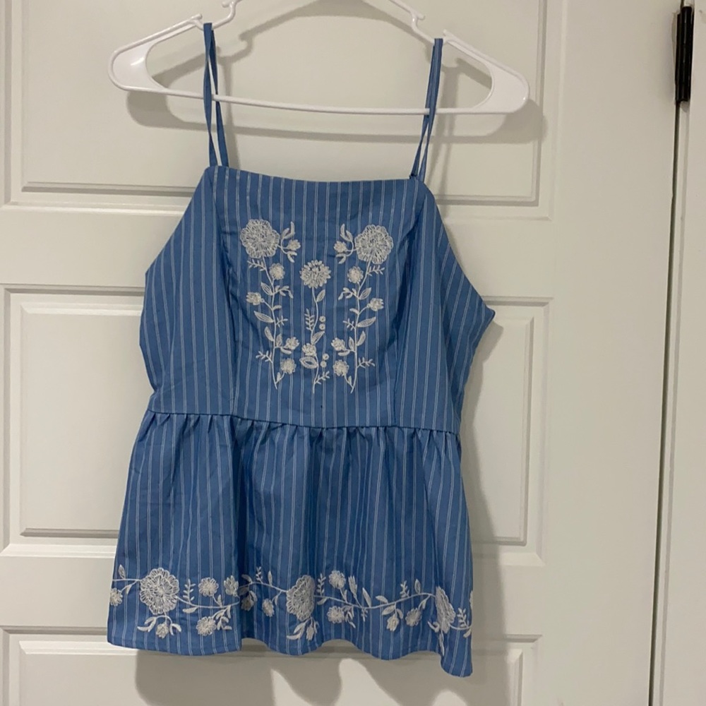 denim striped peplum top with floral embroidery